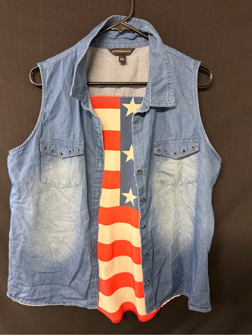Rock & Republic Light Blue Denim Vest with Red, White & Blue Flag Panel